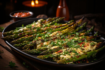 grilled asparagus with cheese on a hot plate - obrazy, fototapety, plakaty