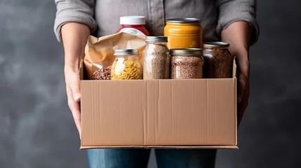 Foto op Canvas Box food donate charity help grocery delivery volunteer supply can package community care. Carton box cardboard poor social goods food donation white relief bank foodstuff. AI Generative illustration. © Максим Зайков