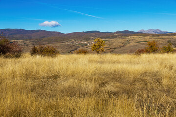 View of rolling autumn landscape with hillside village, dry grass and mountains in the background