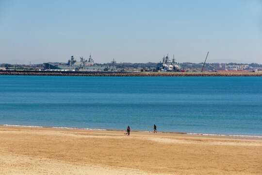 Naval Military Base of Rota from the beach, Cadiz, Spain 