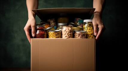 Box food donate charity help grocery delivery volunteer supply can package community care. Carton box cardboard poor social goods food donation white relief bank foodstuff. AI Generative illustration.