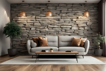 Aesthetic room with a decorative background grey stone wall wooden decor, hanging lamp and a brown parquet floor with a sofa and bookshelf style