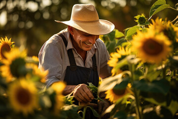 Smiling gardener tending to a sunflower garden