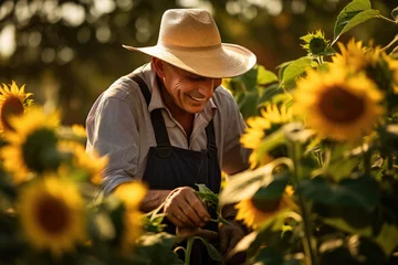 Rolgordijnen Smiling gardener tending to a sunflower garden © thejokercze
