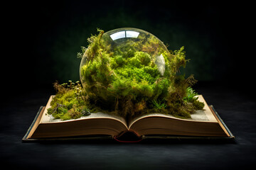 Green biosphere sitting on a book. Moss and plants growing out over the pages. Save the earth. Learn about the environment. 