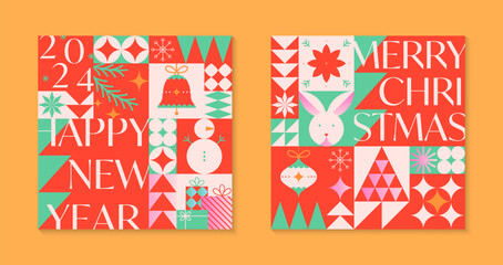 Christmas and Happy New Year greeting card templates.Festive vector backgrounds in flat modern style with traditional winter holiday symbols.Xmas pattern designs for branding,invitations,prints,smm