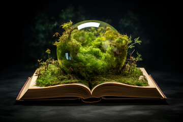 Green biosphere sitting on a book. Moss and plants growing out over the pages. Save the earth....