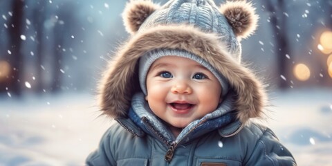 Happy little baby boy making outdoors in winter. Cute toddler in winter cloth. Child having fun on cold day. Winter walk outdoors - obrazy, fototapety, plakaty