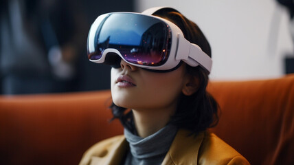VR headset on an Asian woman exploring the metaverse, virtual reality glasses, dreaming in cyberspace