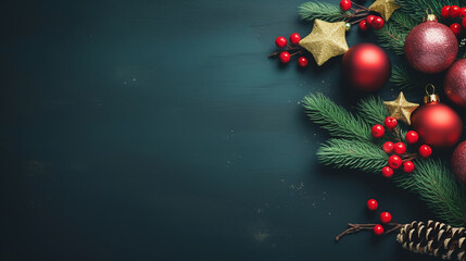 Christmas banner with Christmas saying on a green background, copy space, Christmas spheres, Generative AI