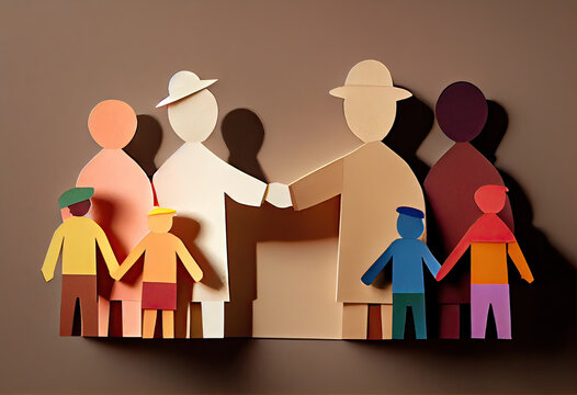 bunte kleine inklusive Gruppe von Menschen, H&auml;nde halten, Papierkunst, Regenbogen, Papier Figuren
