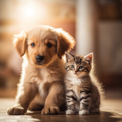 A little cat and a little dog squatting, their faces affectionately leaning against each other, smiling, full face, close - up, white background