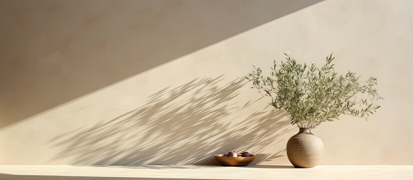 Minimal summer interior with olive tree on table under sunlight casting long shadows on beige wall Mediterranean vibe