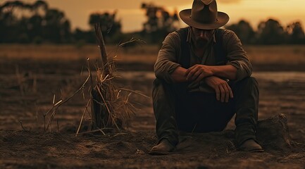 farmer sitting on the field floor looking down with all plants dry, concept climate change - obrazy, fototapety, plakaty