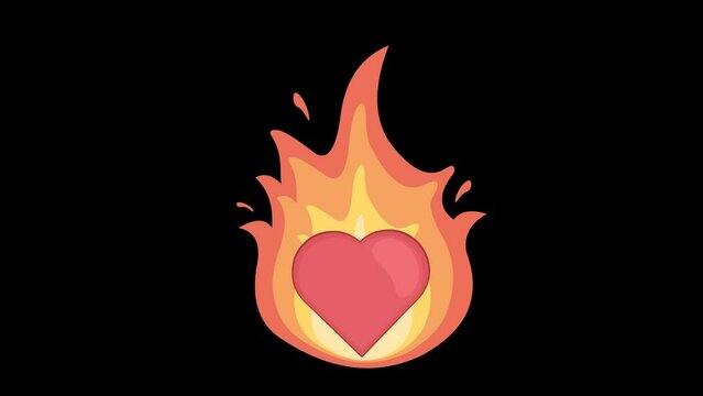 video animation heart cartoon wrapped in a flame of fire, in concept of love and passion. On a transparent background with zero alpha channel