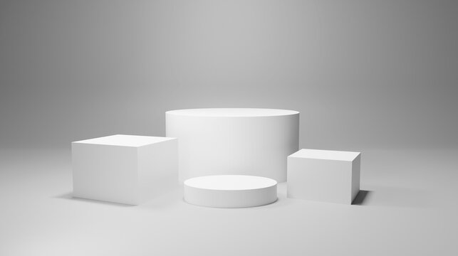 Geometry shaped podium for mock up presentation in gray color and minimalist style with copy space