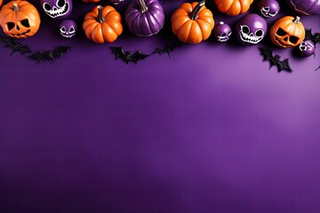 Halloween decorations on purple background. copy space for ads