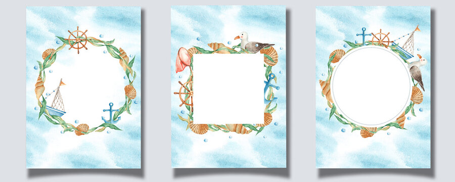 Set of cards templates with cute watercolor ship, boat, wooden steering wheel, seaweeds, seashells, nautical anchor, orange net, sea gull and water bubbles, blue watercolor splashes. Marine design