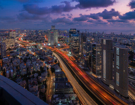 Tel Aviv big city night aerial view. Ayalon highway
