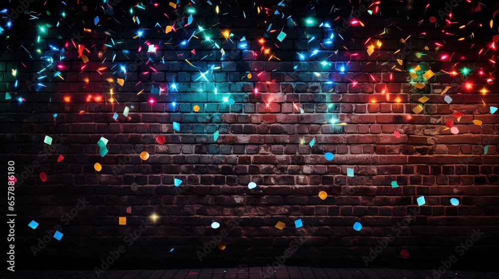 Wall mural dark brick wall multi-colored lights and confetti, festive background, noen light. generation ai