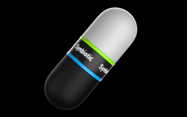 Abstract futuristic pill with modern design, macro shot on black background. Antibiotic, probiotic, prebiotic, synbiotic or vitamin content. 3d rendering illustration, closeup view