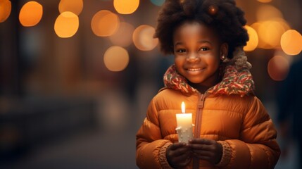 Heartwarming Portrait of a Black African Child Holding a Christmas Candle Against a Night-lit Street - obrazy, fototapety, plakaty