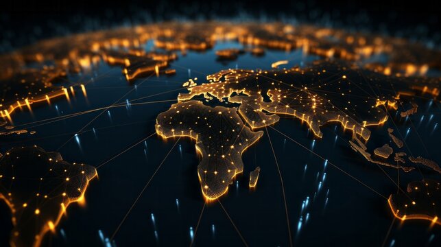 Fototapeta Illuminated 3D Network Wired World Map Set Against a Night Sky in Light Black and Dark Amber
