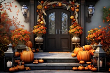 Obraz premium Welcoming Autumn: Fall Wreath and Pumpkins on a Door Porch