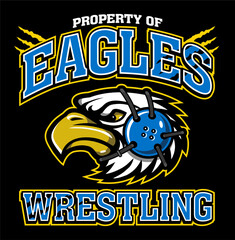 property of eagles wrestling with mascot wearing headgear for school, college or league sports