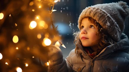 Fotobehang Starlight Wonder: A Little Child in Winter Looks at a Christmas Tree © bomoge.pl