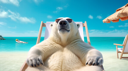 Polar bear in sunglasses in a sun lounger resting on a tropical beach. - obrazy, fototapety, plakaty