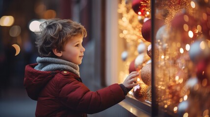 Wonder-Filled Gaze: A Small Boy Looking at Christmas Decor at an Outdoor Glass Display Captured in Enhanced JPEG - obrazy, fototapety, plakaty