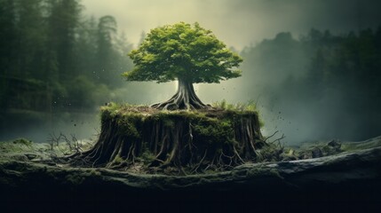 Resilience in Nature: A Tree Growing Out of a Stump in a Forest, Captured in Enhanced - obrazy, fototapety, plakaty