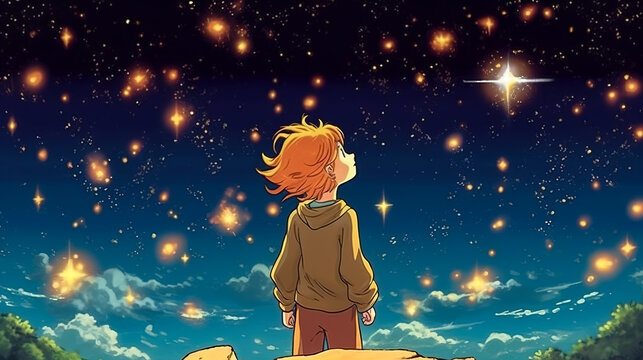 Vintage illustration for a children's book. Red-haired boy looks at the stars in the evening sky.