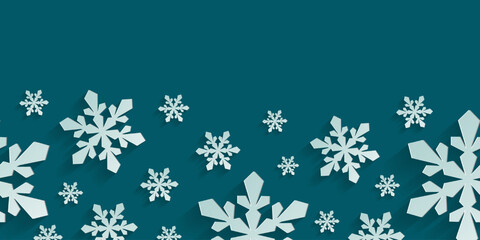 Seamless horizontal pattern with paper cut snowflakes. Christmas design 3D illustration on teal colored background for presentation, banner, cover, web, flyer, card, sale, poster and social media.	