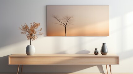 Wooden Desk Featuring a Plant in a Vase, Captured in the Style of Luminous Soft Focus