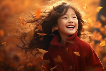 Autumn Girl Laughing and Smiling in the Park, Captured in the Style of Spontaneous Seasonal Joy