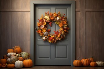 Autumn Wreath Adorned with Pumpkins and Leaves on a Front Door, Capturing the Essence of Fall Decor