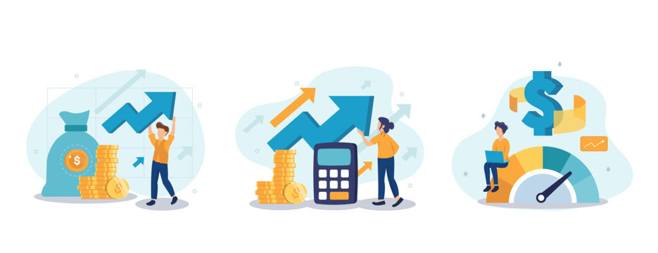 Cost optimization concept set. Idea of financial and marketing strategy. Cost and income balance. Spending and cost reduction, while maximizing business value. Isolated flat illustration vector	

