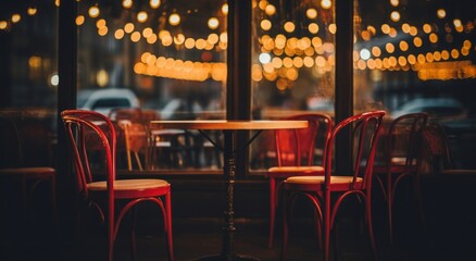 Chairs Inside a Restaurant at Night with Illuminated Background - obrazy, fototapety, plakaty