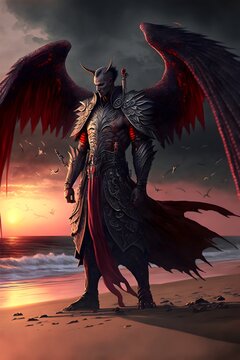 standing on the beach 30 years old man with wings and sword black and silver short hair and green eyes light red skin atletic figure kimono japan style flying on the sky red dragon fantasy mountains 