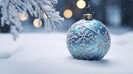 Christmas Ball Ornament Hanging on a Snowy Tree, White and Azure Background, Realistic Hyper-Detailed Rendering with Bokeh Panorama, Handmade Pattern