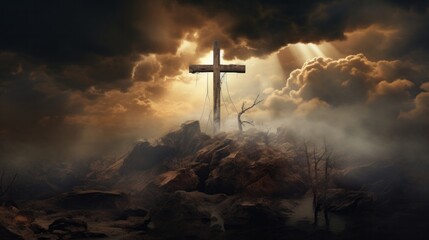 Naklejka premium Cross and Clouds in the Style of Photorealistic Landscapes