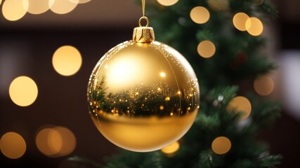 Beautiful golden shiny christmas spheres with blurred christmas background of bokeh lights, Generative AI
