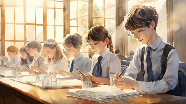 Children in class. Watercolor illustration.