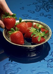 A bowl of fresh strawberries, a hand grabbing a strawberry from a bowl