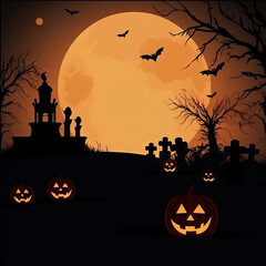 Halloween night background. Spooky graveyard with full moon, trees silhoettes, castle, flying bats and pumpkins jack-o-lantern. Scarry and horror greeting card, copy space for text