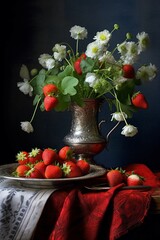 A creative presentation of strawberries with a strawberry plant, flowers in background
