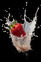 A Strawberry splasing in strawberry milk, macro for food advertisment