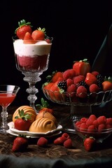 A Table full of Strawberries, blackberries and raspberries, some pastries aside